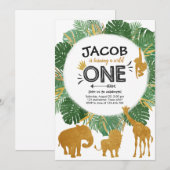 野生の1つのサファリの金ゴールドの男の子動物の誕生会 招待状 (正面/裏面)