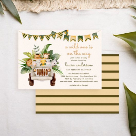 野生の1つのジャングル動物サファリの赤ちゃんシャワー 招待状