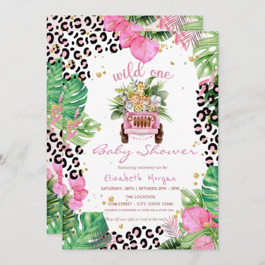野生の1つのジャングル動物葉の赤ちゃんシャワー 招待状 (正面/裏面)