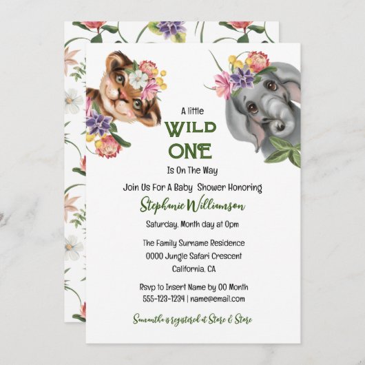 野生の1つの可愛いサファリフローラのジャングル動物の動物園 招待状 (正面/裏面)