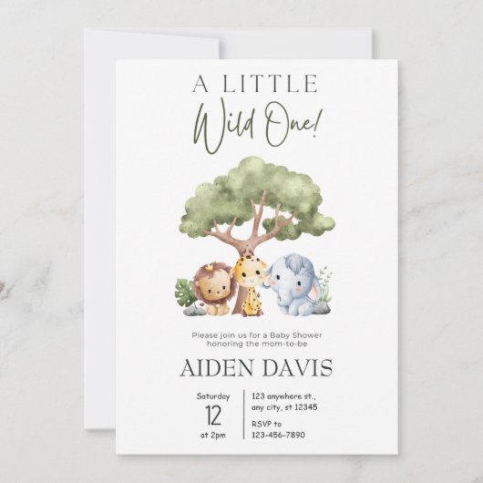 野生の1つの可愛いジャングルサファリベイビーシャワー 招待状 (正面)