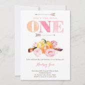 野生の1つの招待状、1歳の誕生日、ボホの羽 招待状 (正面)