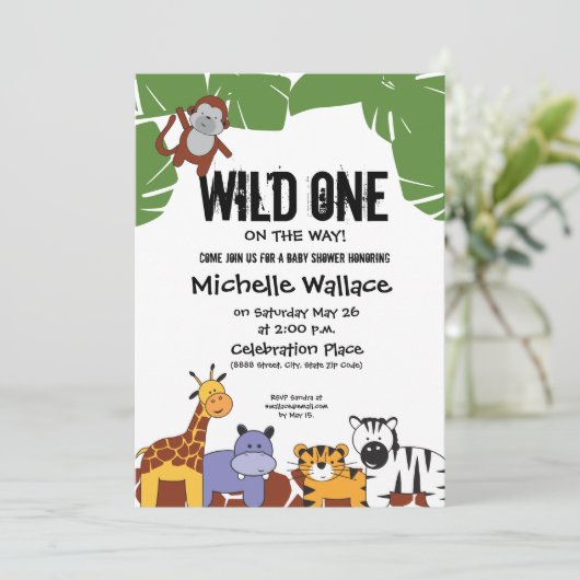 野生の1つの方法ジャングルテーマの赤ちゃんシャワー 招待状 (スタンド正面)