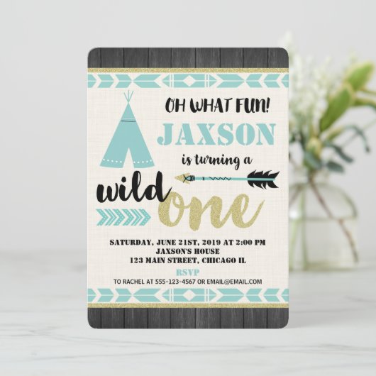 野生の1つの第1最初誕生日の招待のティール(緑がかった色)の黒 招待状 (スタンド正面)