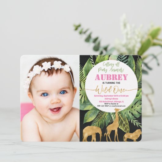野生の1つの第1誕生日の写真の招待のサファリ 招待状 (スタンド正面)