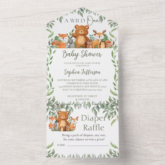 野生の1つの緑の森の動物の赤ちゃんシャワー オールインワン招待状 (内側)