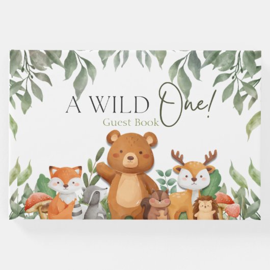 野生の1つの緑の森の動物の赤ちゃんシャワー ゲストブック (正面)