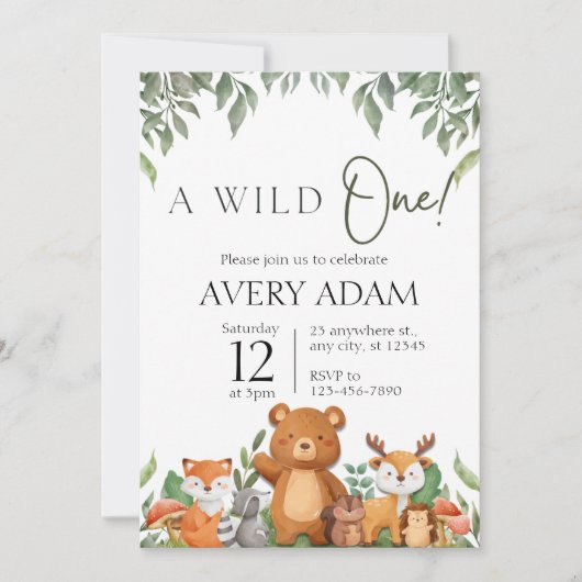 野生の1つの緑の森の動物の赤ちゃんシャワー 招待状 (正面)