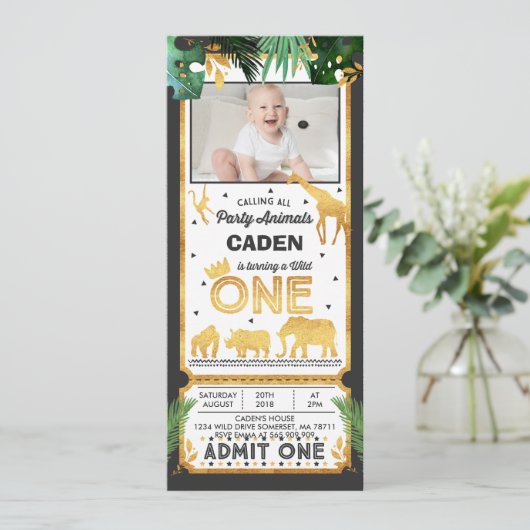 野生の1つの誕生日のチケットの招待状のジャングル動物 招待状 (スタンド正面)
