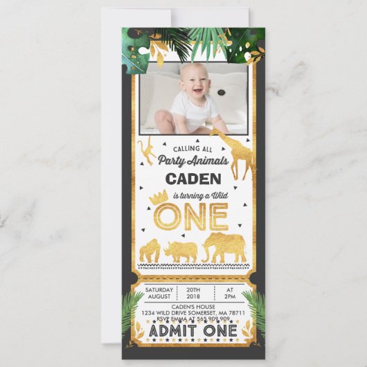 野生の1つの誕生日のチケットの招待状のジャングル動物 招待状 (正面)