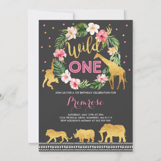 野生の1つの誕生日の招待状のジャングル動物のパーティー 招待状 (正面)