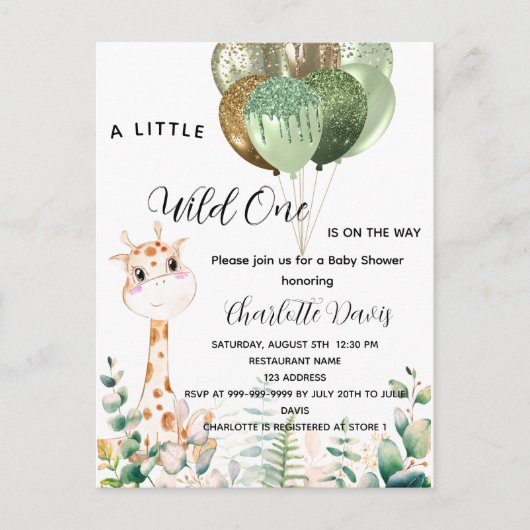野生の1つの赤ちゃんシャワーキリンのジャングルバルーン インビテーションポストカード (正面)