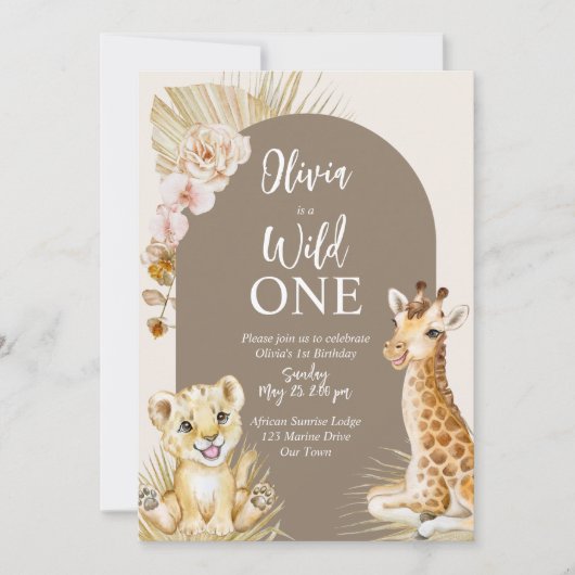 野生の1つの赤ちゃん動物bohoアーチ1歳の誕生日 招待状 (正面)