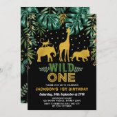 野生の1つ/金ゴールドのジャングルサファリ動物の第1誕生日 招待状 (正面/裏面)