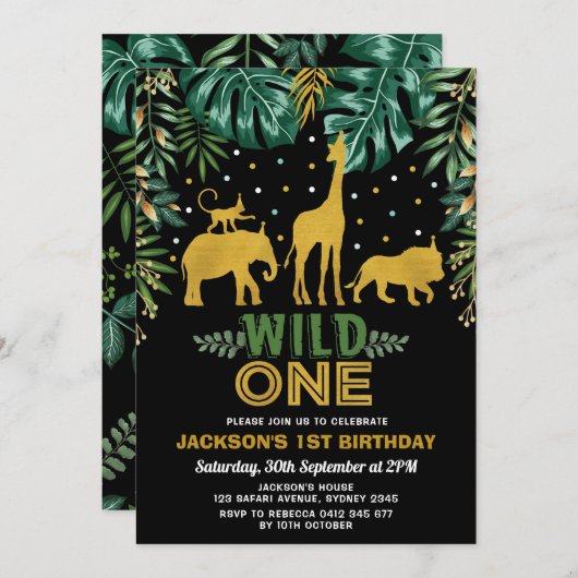野生の1つ/金ゴールドのジャングルサファリ動物の第1誕生日 招待状 (正面/裏面)