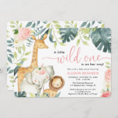 野生の1サファリのジャングル動物の女の子の赤ちゃんシャワー 招待状 (正面/裏面)