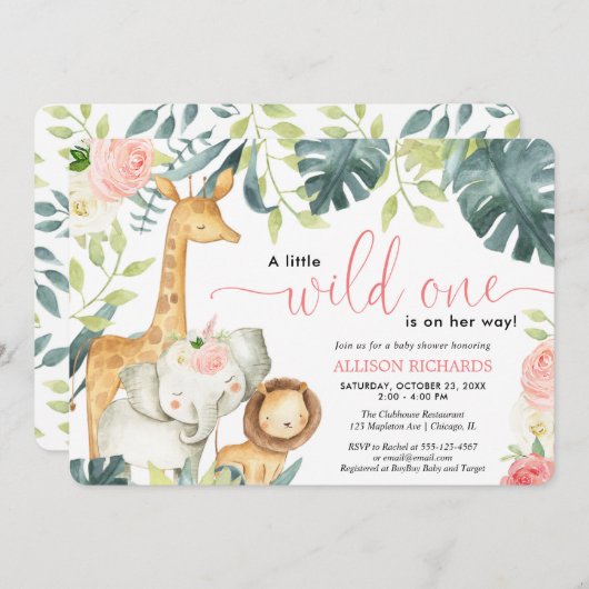 野生の1サファリのジャングル動物の女の子の赤ちゃんシャワー 招待状 (正面/裏面)