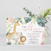 野生の1サファリのジャングル動物の女の子の赤ちゃんシャワー 招待状 (スタンド正面)