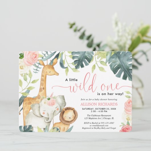 野生の1サファリのジャングル動物の女の子の赤ちゃんシャワー 招待状 (スタンド正面)