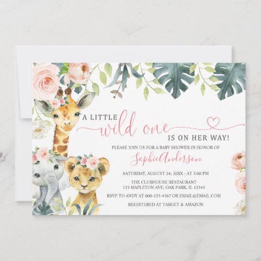 野生の1サファリの動物の女の子の赤ちゃんシャワー 招待状 (正面)