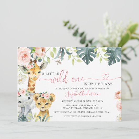 野生の1サファリの動物の女の子の赤ちゃんシャワー 招待状 (スタンド正面)