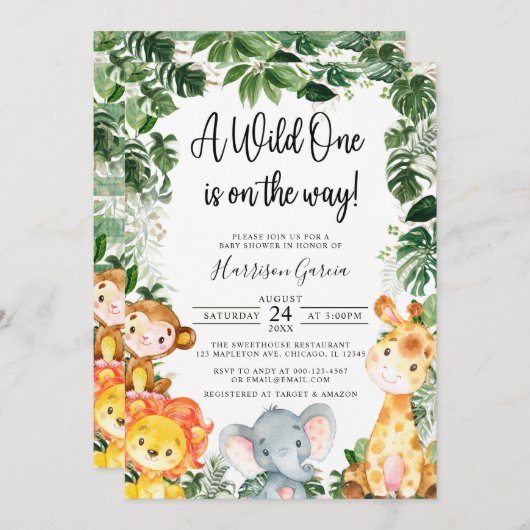 野生の1サファリジャングル動物の赤ちゃんシャワーの招待客 招待状 (正面/裏面)