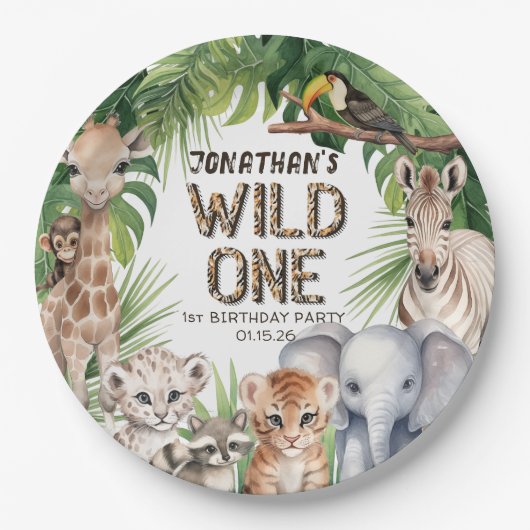 野生の1サファリ動物ジャングルボーイ1歳の誕生日 ペーパープレート (正面)