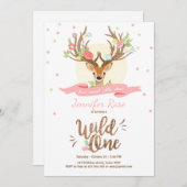 野生の1シカの誕生日の招待の森林ピンク木 招待状 (正面/裏面)