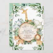 野生の1ジャングルサファリパーティー動物1歳の誕生日 招待状 (正面/裏面)