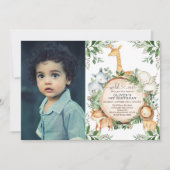 野生の1ジャングルサファリパーティー動物1歳の誕生日 招待状 (正面)