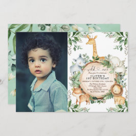 野生の1ジャングルサファリパーティー動物1歳の誕生日 招待状