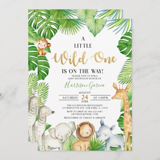 野生の1ジャングル動物の男の子の赤ちゃんシャワー 招待状 (正面/裏面)