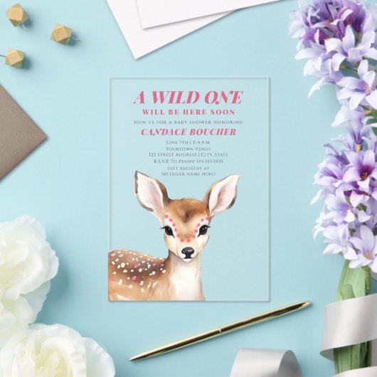 野生の1ピンク斑点の子鹿の赤ちゃんシャワー アクリル招待状 (インサイチュ (ウェディング))