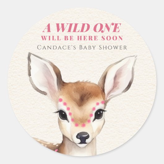 野生の1ピンク斑点の子鹿の赤ちゃんシャワー ラウンドシール (正面)