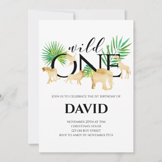 野生の1人の少年、1歳の誕生日に金箔をかぶる動物のジャングル 招待状 (正面)