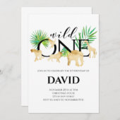 野生の1人の少年、1歳の誕生日に金箔をかぶる動物のジャングル 招待状 (正面/裏面)