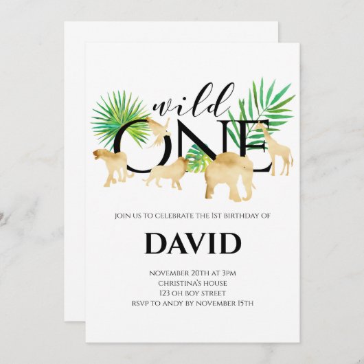 野生の1人の少年、1歳の誕生日に金箔をかぶる動物のジャングル 招待状 (正面/裏面)