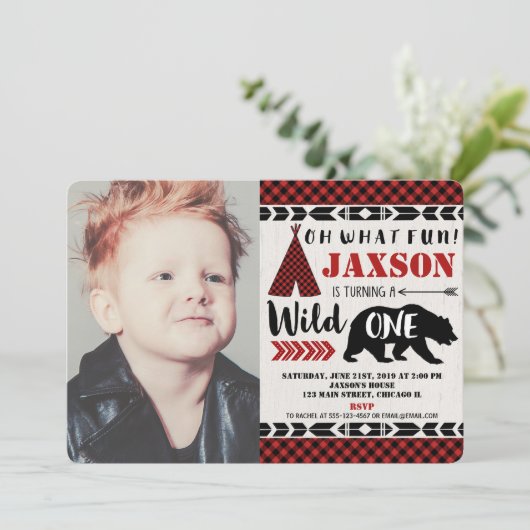 野生の1人の第1最初誕生日の写真の招待の男の子 招待状 (スタンド正面)