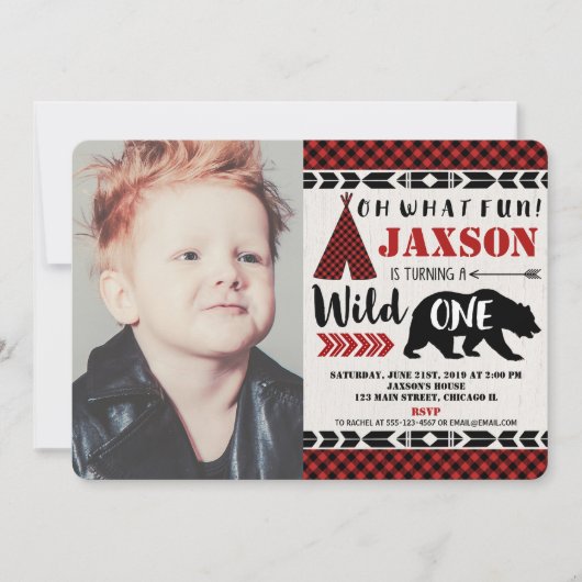 野生の1人の第1最初誕生日の写真の招待の男の子 招待状 (正面)