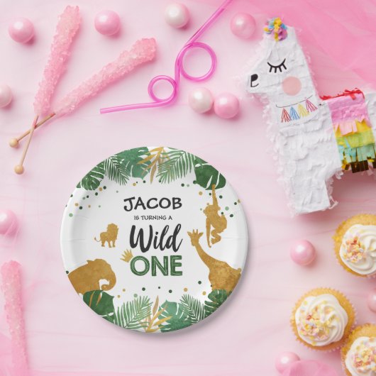 野生の1人の誕生日の紙皿のサファリ動物の男の子 ペーパープレート (パーティー)