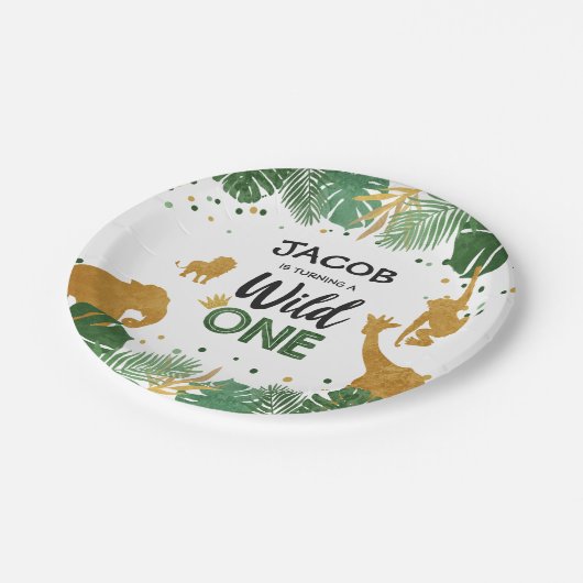 野生の1人の誕生日の紙皿のサファリ動物の男の子 ペーパープレート (アングル)
