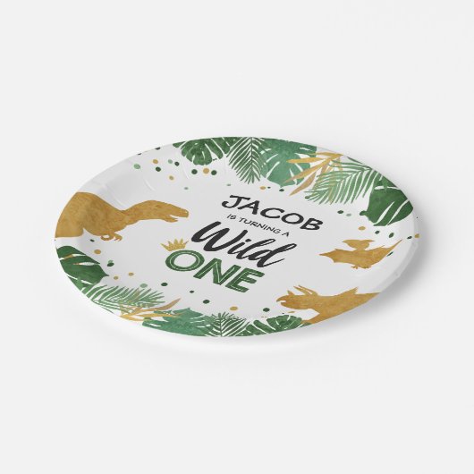 野生の1人の金ゴールド恐竜少年ファースト誕生日サファリ ペーパープレート (アングル)