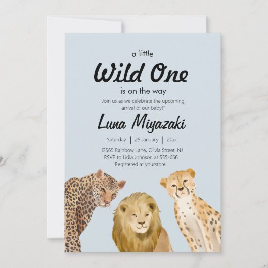 野生の1動物のライオンのチーターのための男の子のシャワー 招待状 (正面)