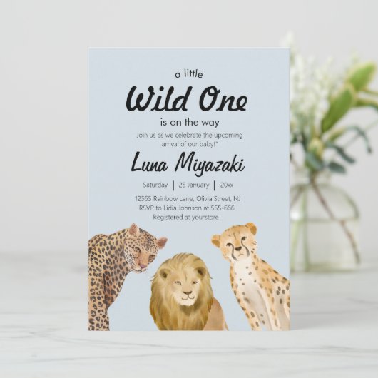 野生の1動物のライオンのチーターのための男の子のシャワー 招待状 (スタンド正面)