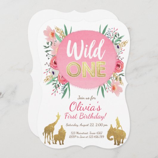 野生の1動物の誕生日の招待状の花柄の金ゴールド 招待状 (正面/裏面)