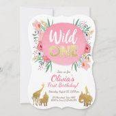 野生の1動物の誕生日の招待状の花柄の金ゴールド 招待状 (正面)