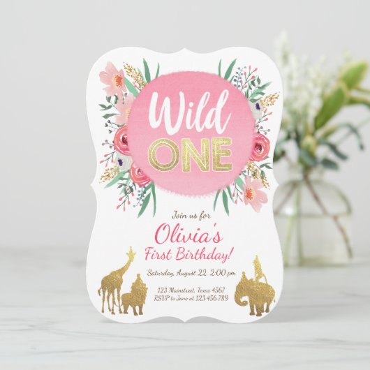 野生の1動物の誕生日の招待状の花柄の金ゴールド 招待状 (スタンド正面)