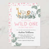 野生の1動物園の動物の女の子赤ちゃんシャワー 招待状 (正面/裏面)