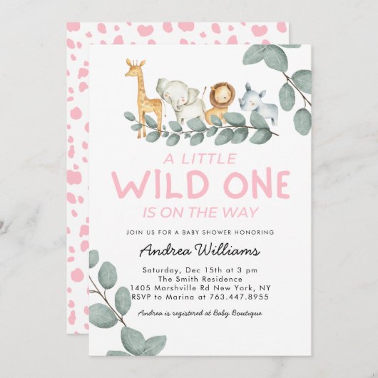 野生の1動物園の動物の女の子赤ちゃんシャワー 招待状 (正面/裏面)