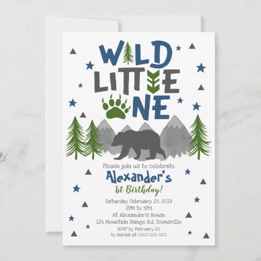 野生の1匹のくまの第1誕生日の招待状 招待状 (正面)